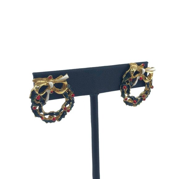 Vintage Enamel Christmas Wreath Post Earrings - Picture 2 of 6